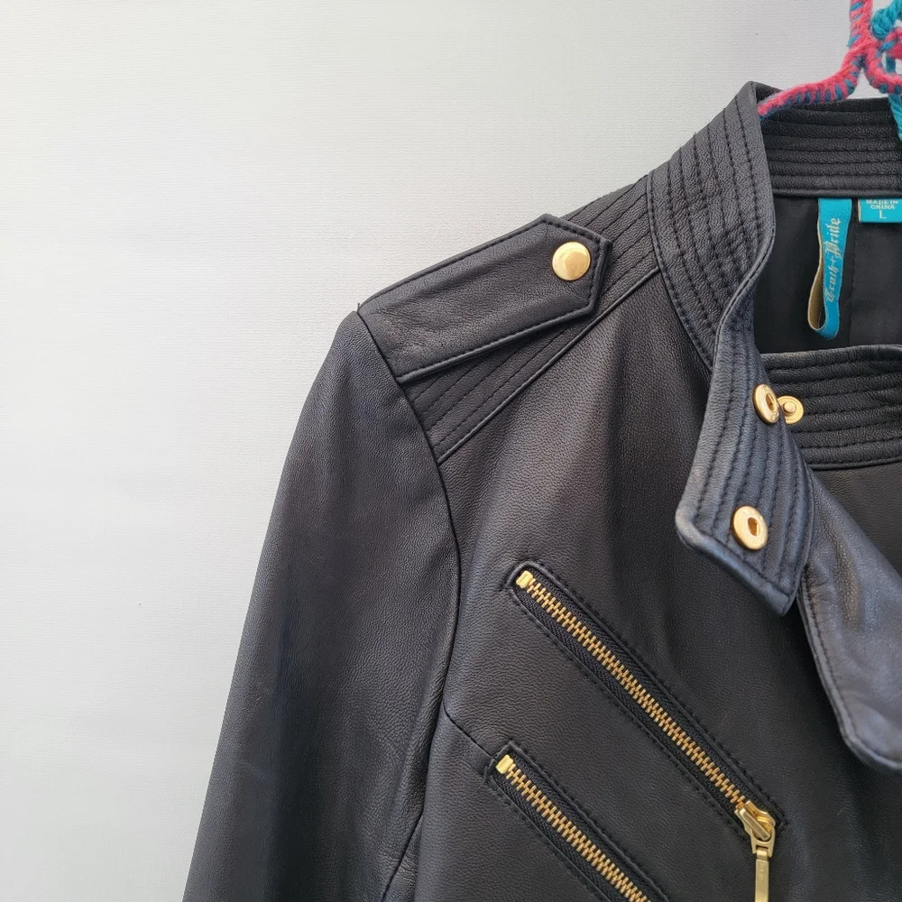 Truth+Pride Black Leather Moto Jacket Size Large Minimalist Classic Gold Neutral - Picture 2 of 16